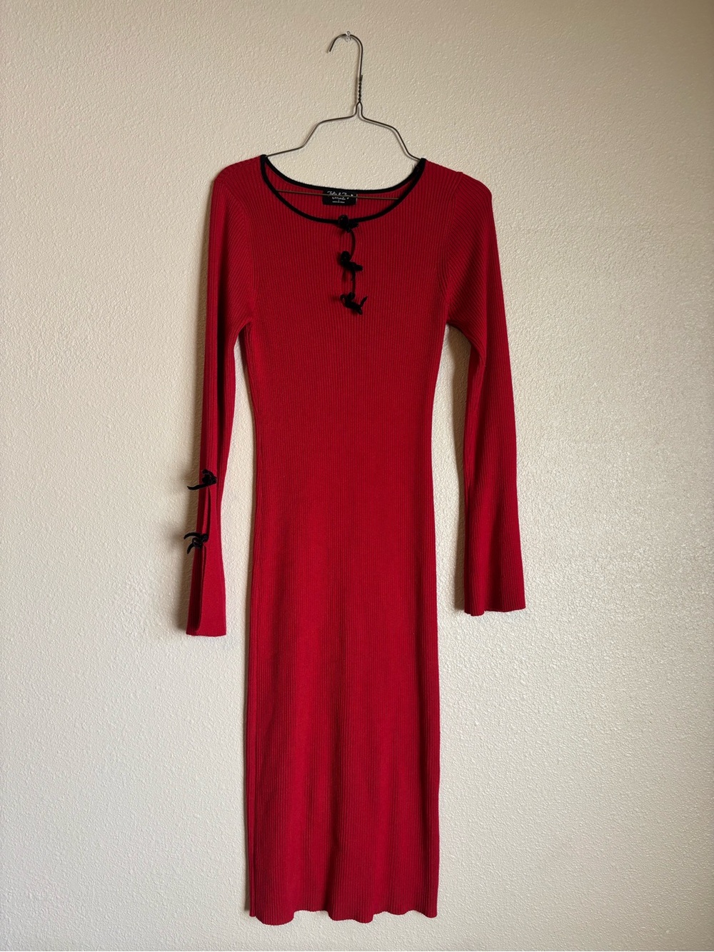 Red Ribbed Long Sleeve Bodycon Dress with Black Trim